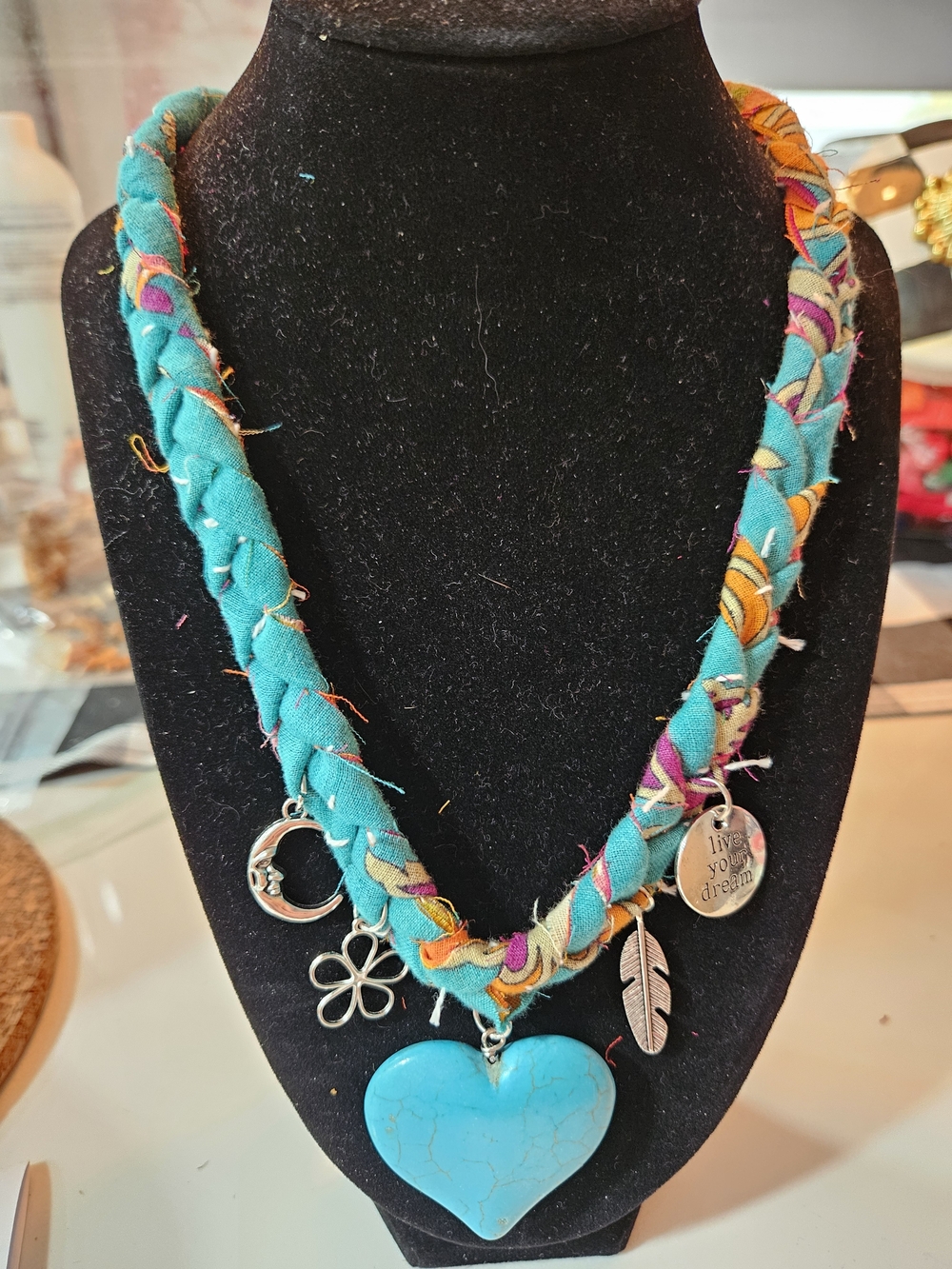 Turquoise Heart Pendant Braided Kantha Fabric Necklace with Charms